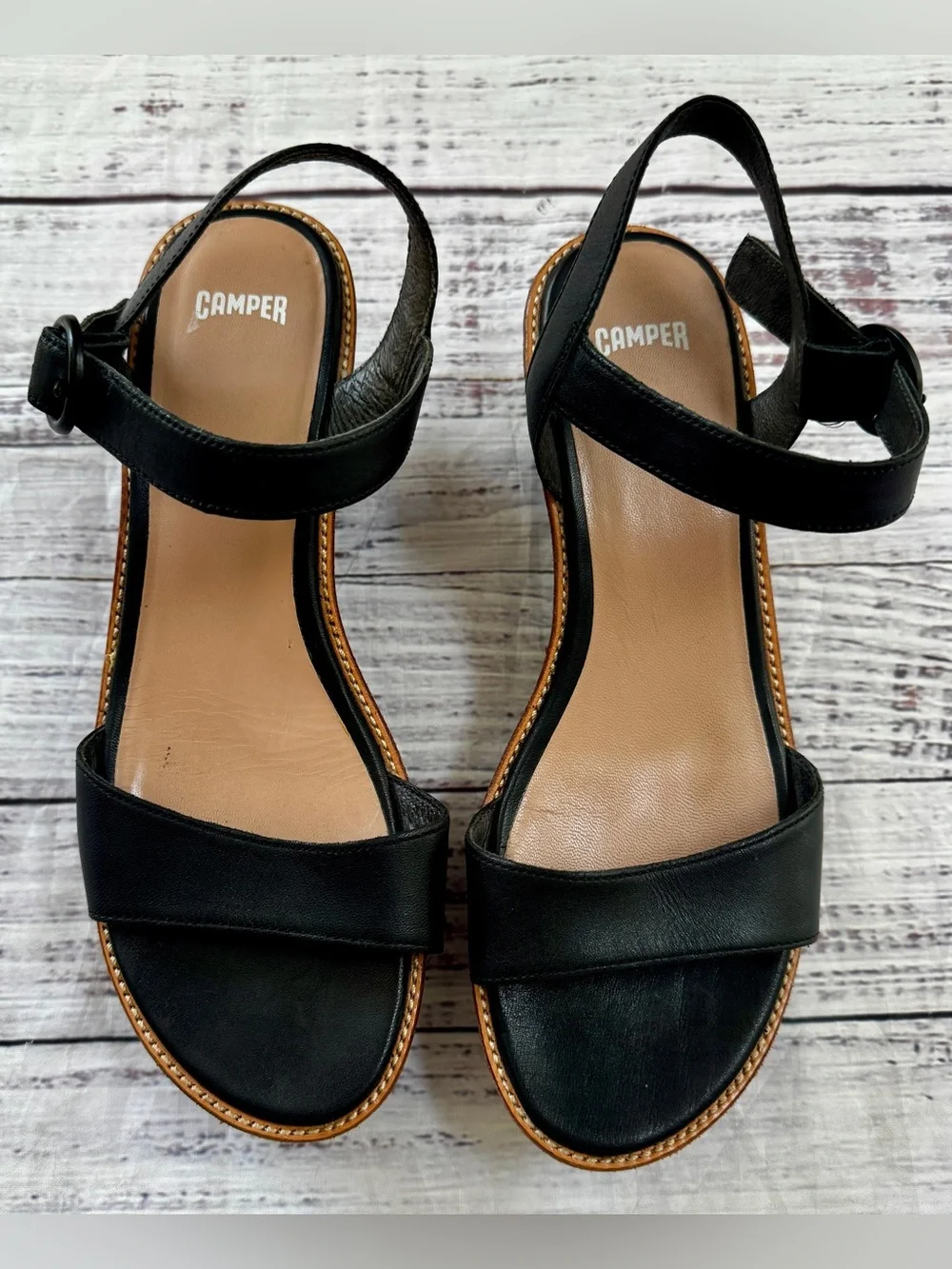 Camper Black Platform Wedge Sandal Ankle Strap  9 EU 40
